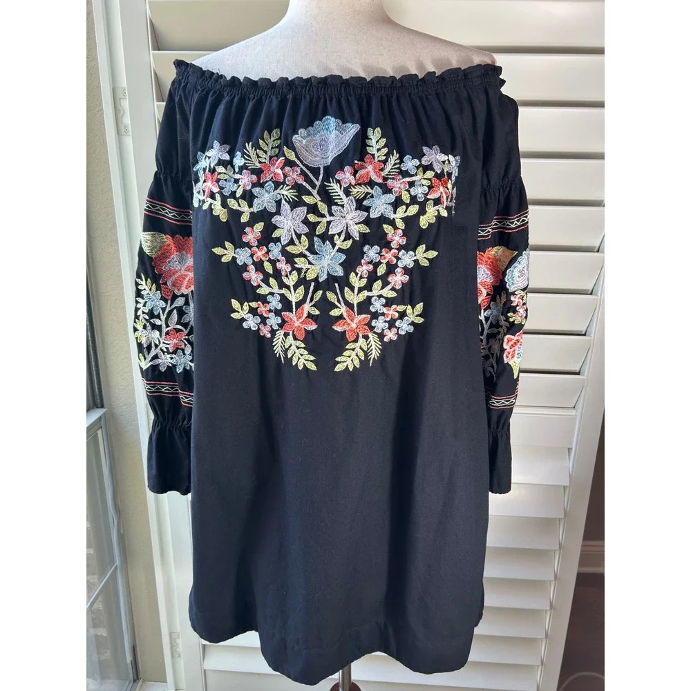 Free People Faded Bloom Mini Dress  MEDIUM Black Floral Embroidered OB626578